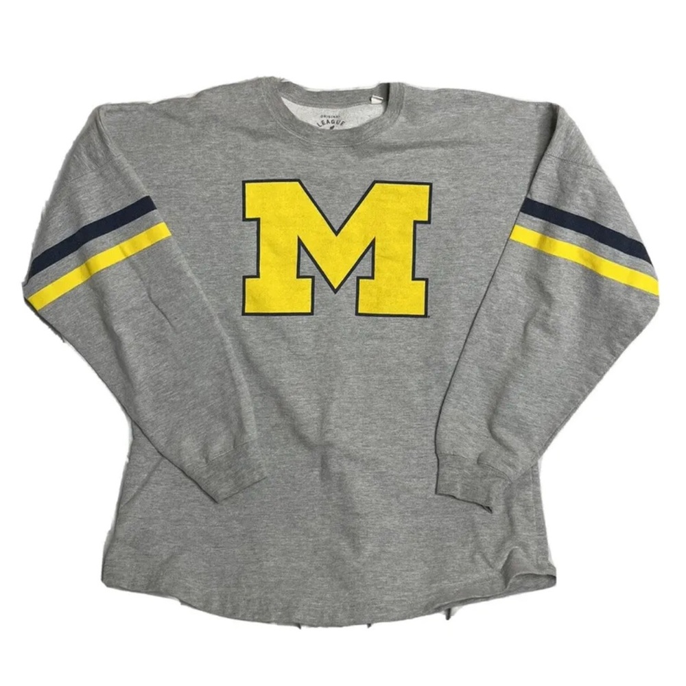 League Gray Long Sleeve Shirt with Yellow M Block and Navy Stripes